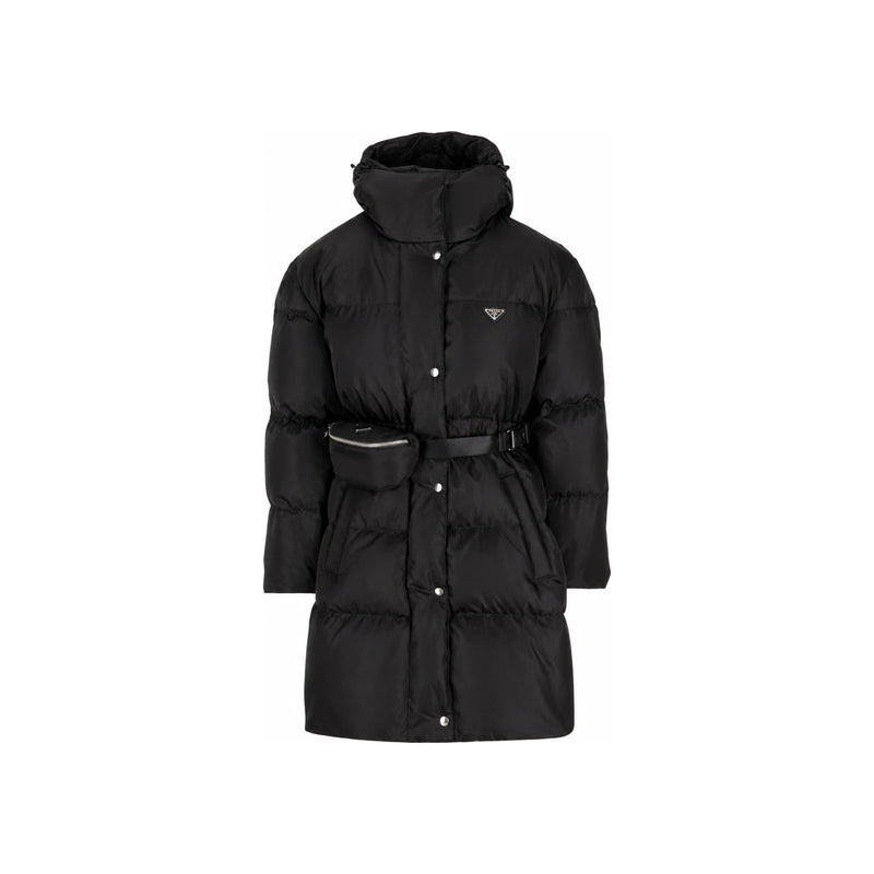 PRADA Re-Nylon Hooded Belted Long Down Jacket with Triangle Logo Black