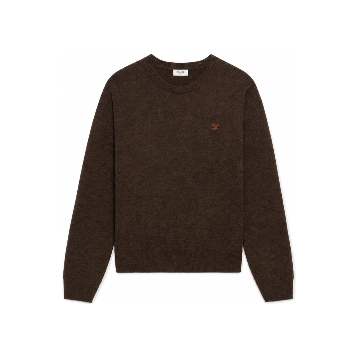 CELINE Chocolate Wool Crewneck Sweater with Embroidered Logo