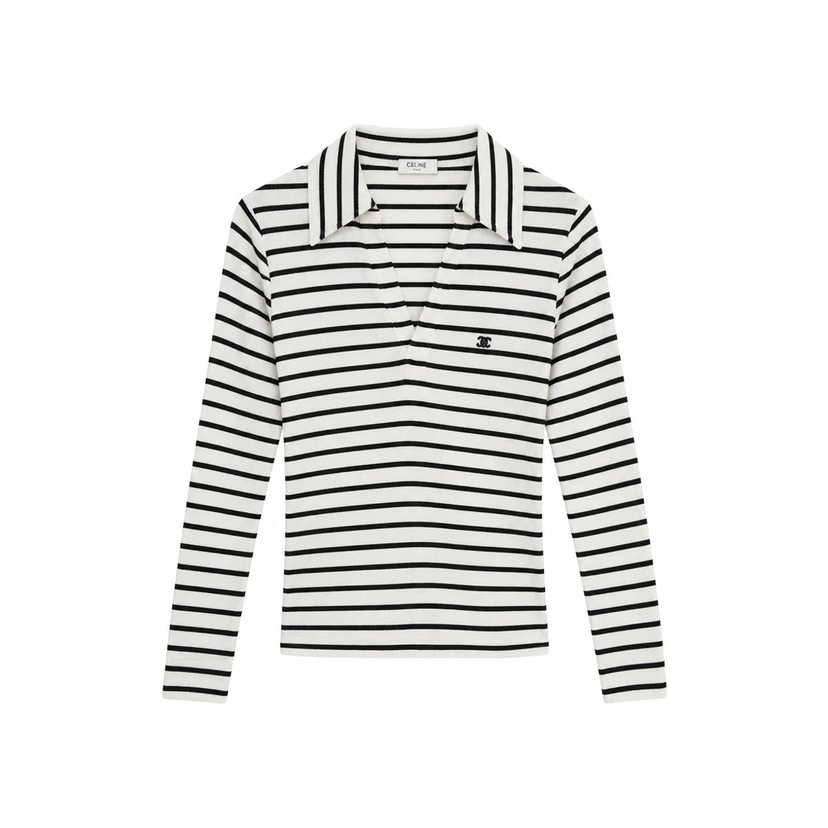 CELINE Stripe Silk Jersey Polo Shirt RX0L0809W 01OB OFF WHITE BLACK DOM