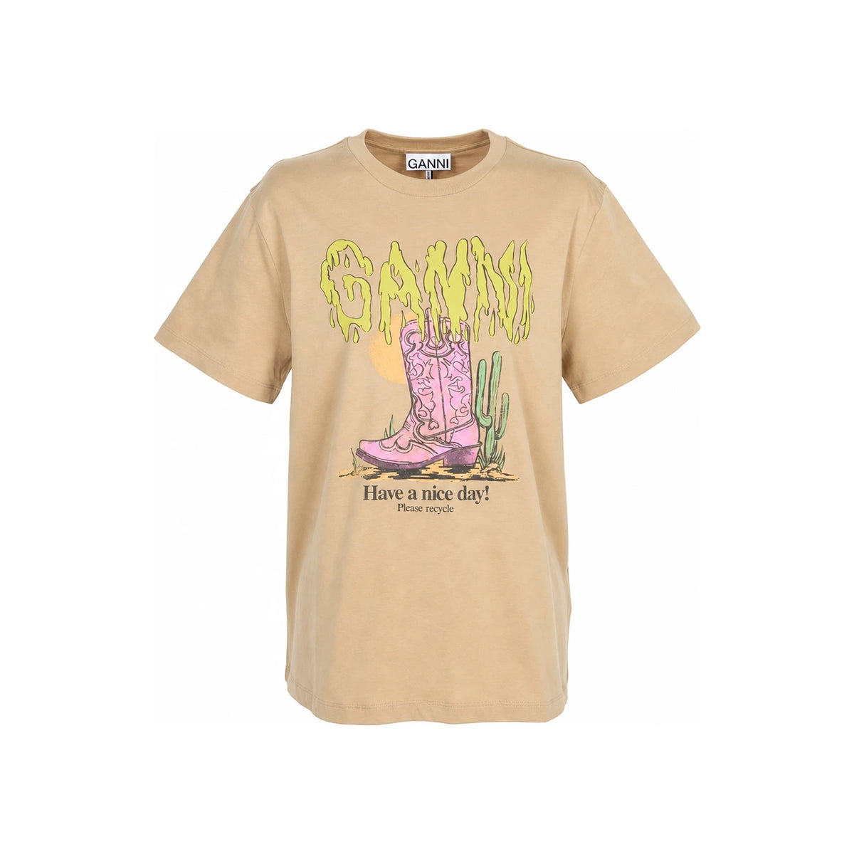 GANNI Basic Cotton Jersey Pink Western Boots Short Sleeve T-Shirt