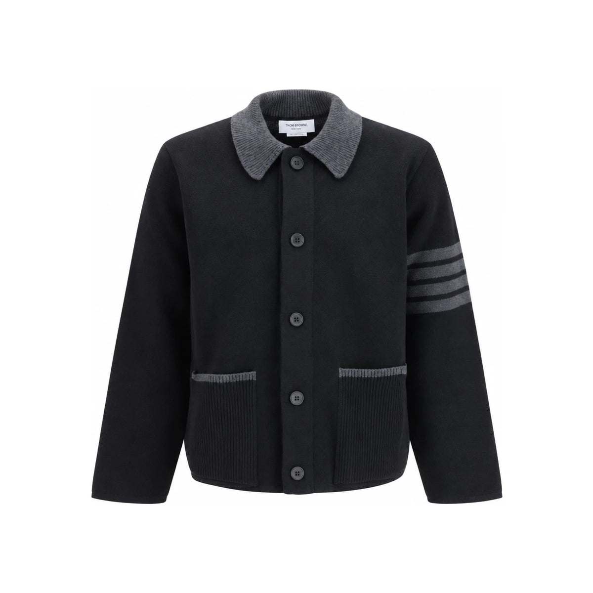 THOM BROWNE Navy Wool V-Neck Button Cardigan for Men