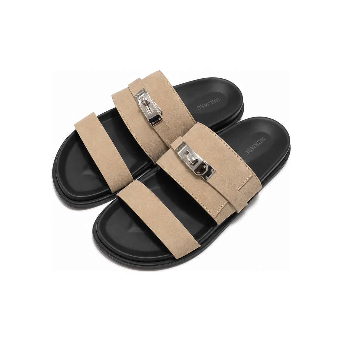 HERMES Men’s Jackson Slides Suede Calfskin Beige Silver-Tone Hardware