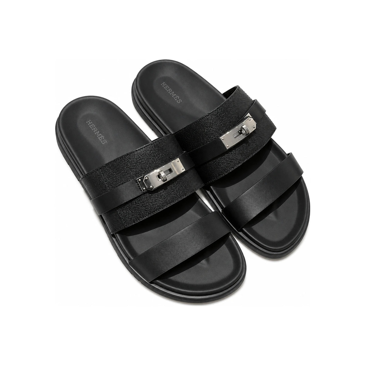 HERMES Men’s Jackson Slides Epsom Calfskin Black Silver-Tone Hardware