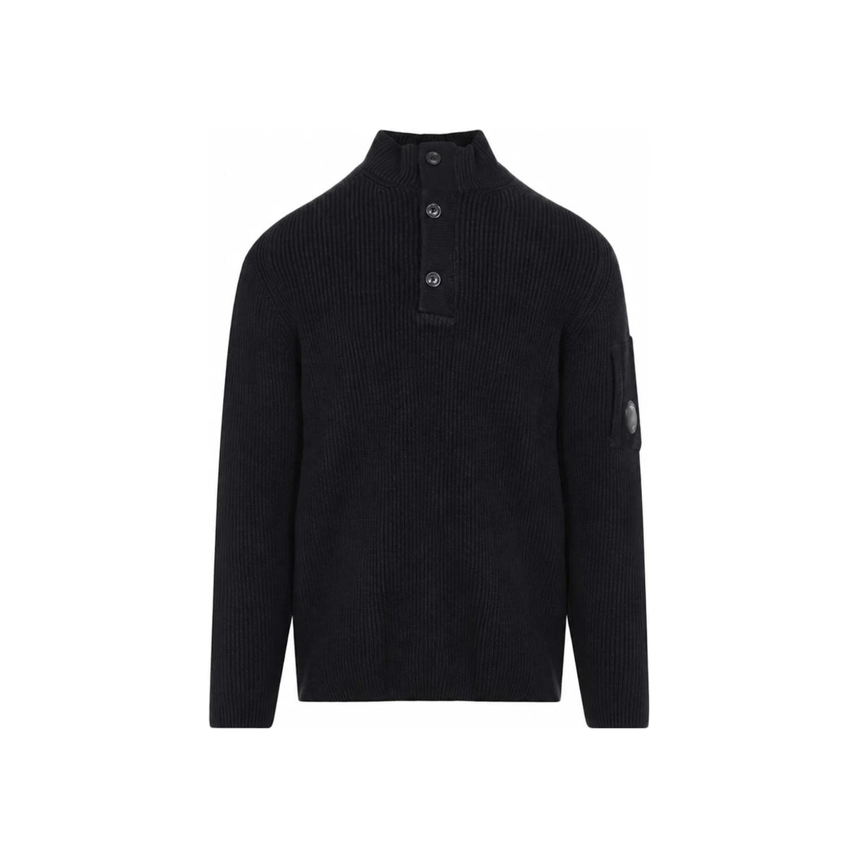 CP Company Black Half-Zip Button Rib Knit Sweater for Men 21CMKN102A 006608A 999