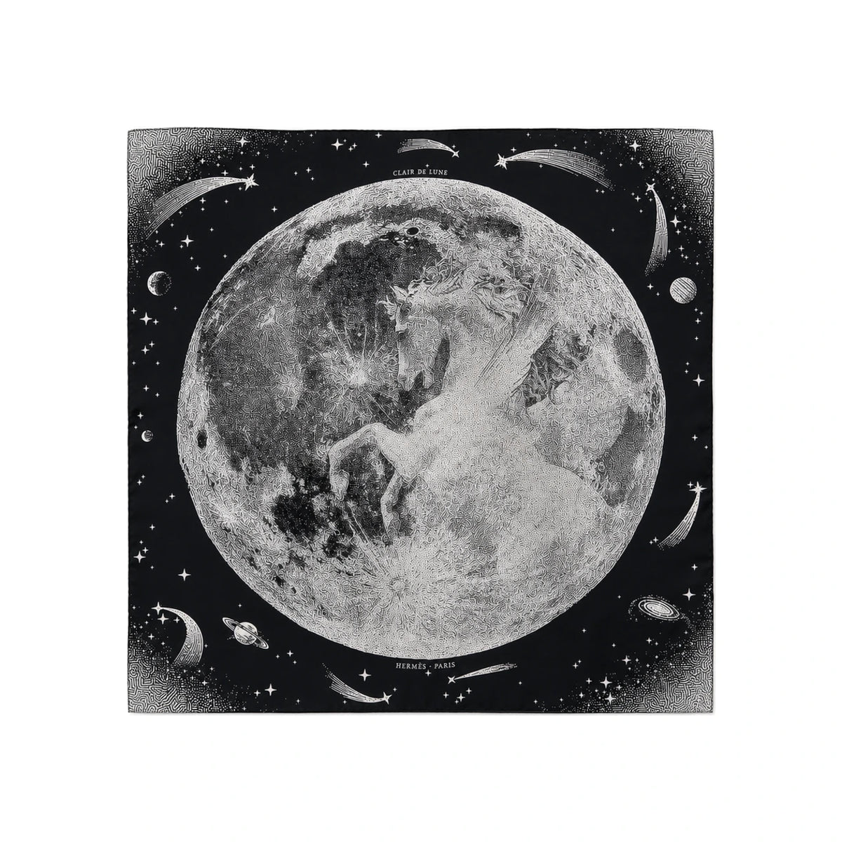 HERMES Clair de Lune Silk Scarf 70 Carré Black White Women