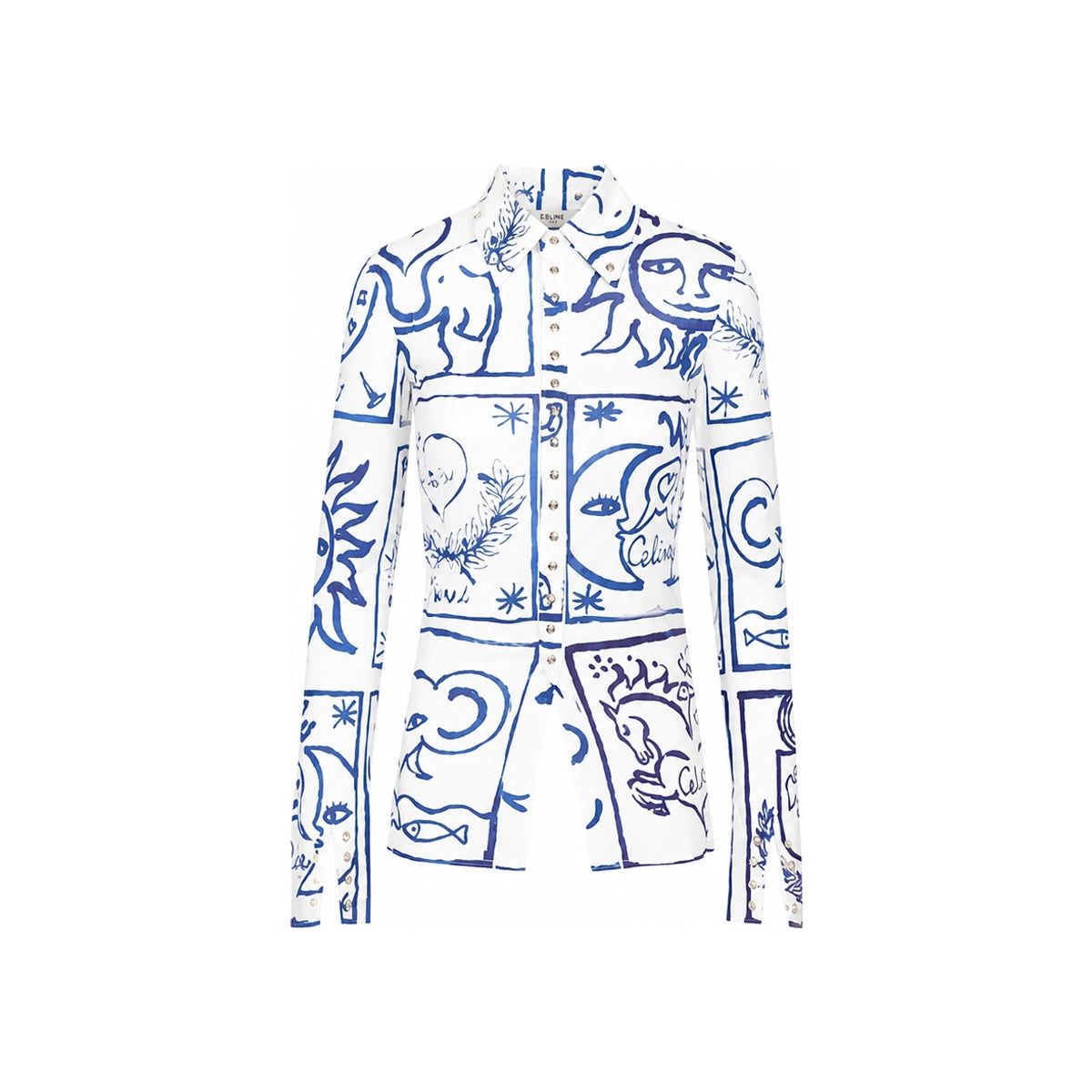 CELINE Printed Silk Jersey Long Sleeve Shirt White Blue RC0MI4K21 01NL