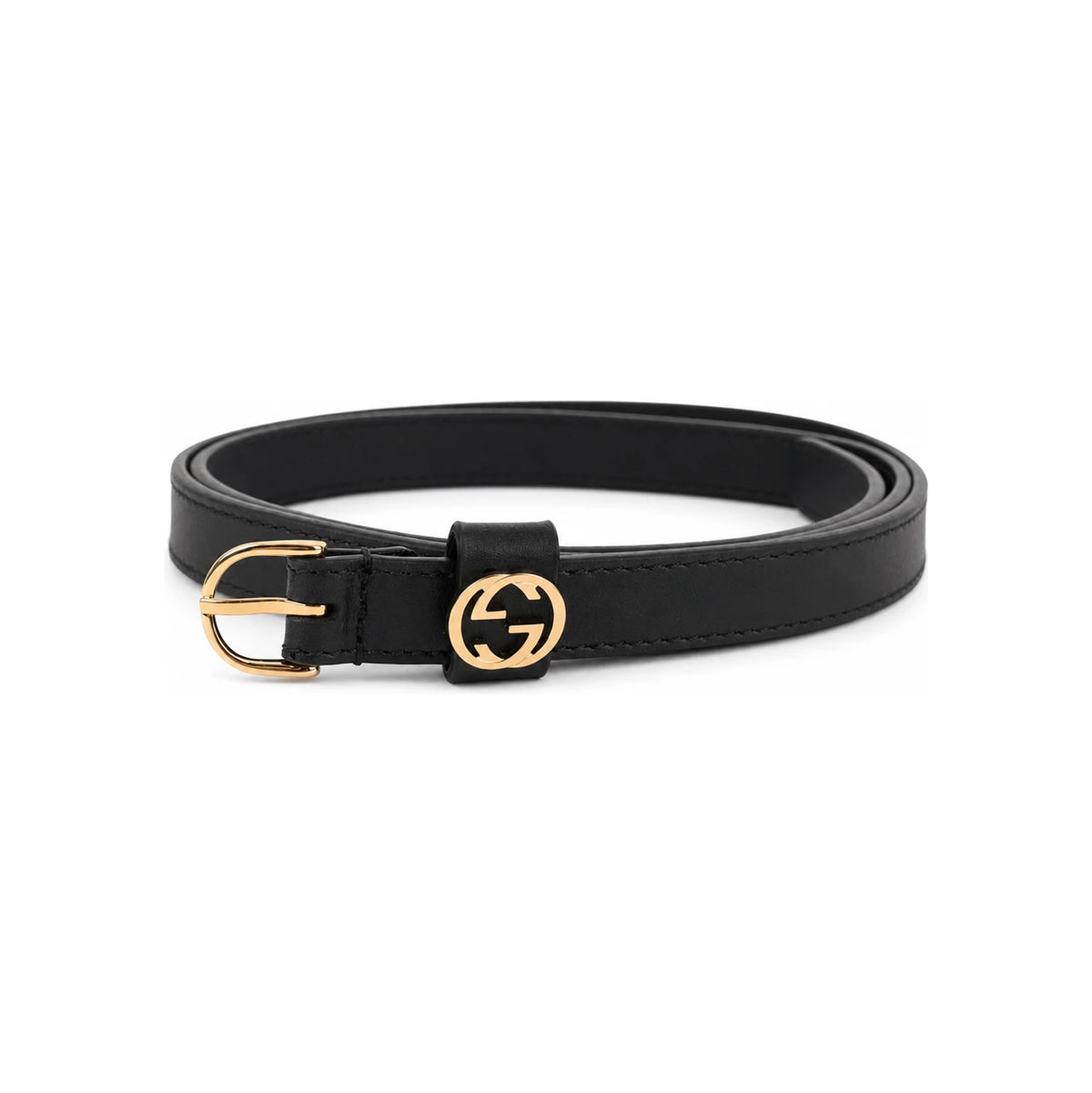 GUCCI Round Buckle Thin Leather Belt Black AAGED 1000