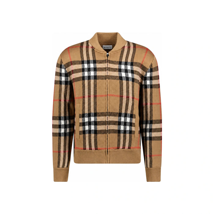 BURBERRY Morland Check Wool Knit Bomber Jacket Taupe 8121394
