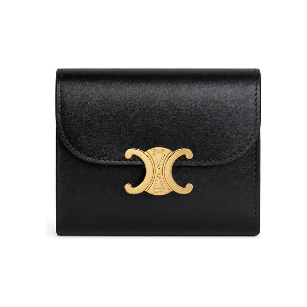 CELINE Triomphe Shiny Calfskin Small Flap Wallet Black