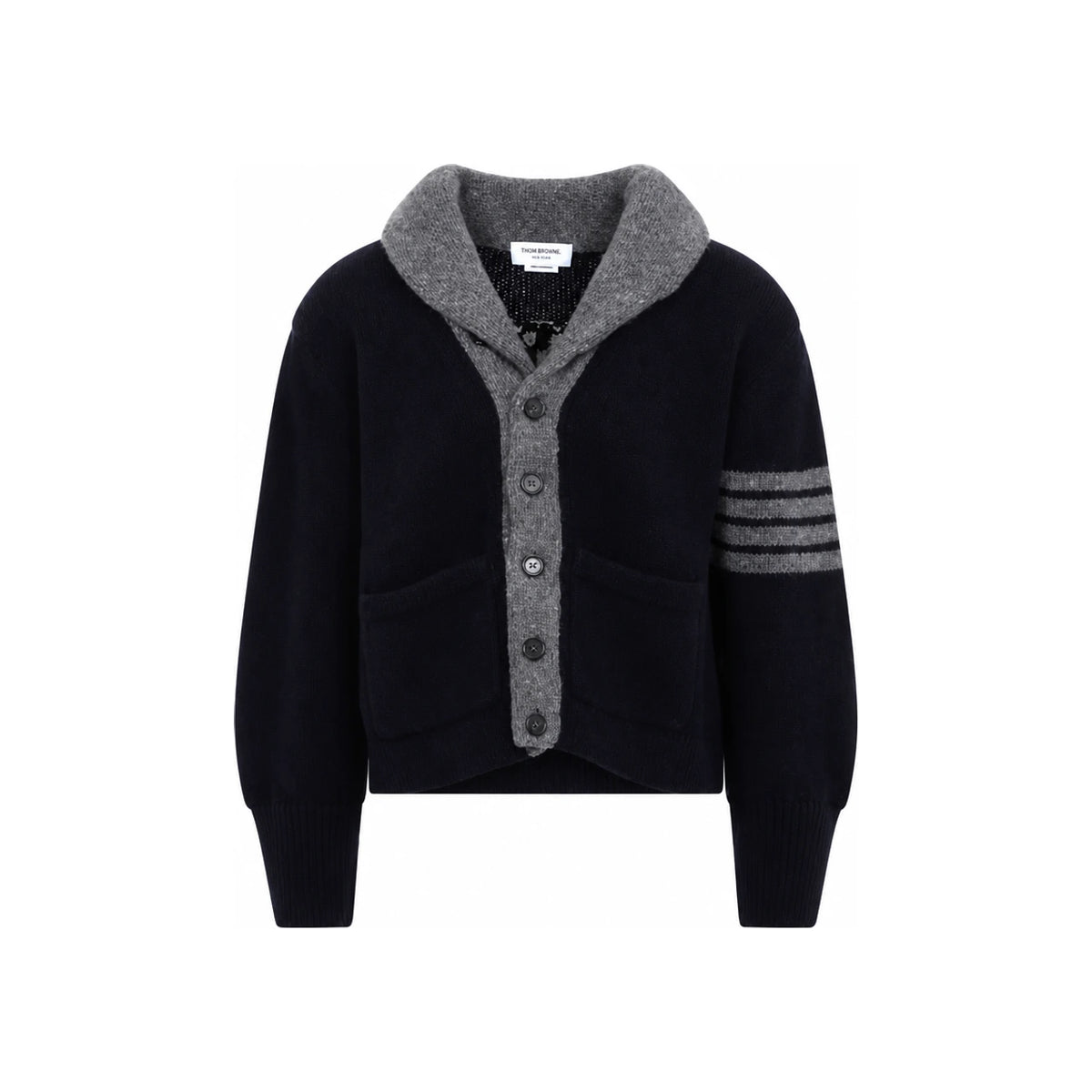 THOM BROWNE Navy Wool Knit Cardigan for Men