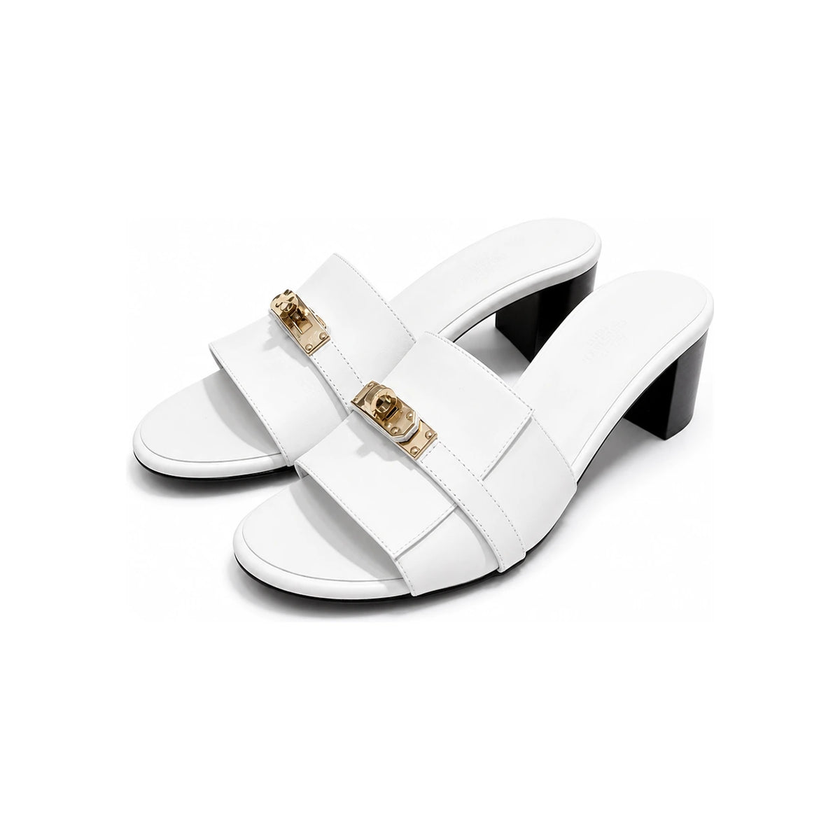 HERMES Kelly Buckle Jiji Mule Sandals White Gold-Tone Hardware