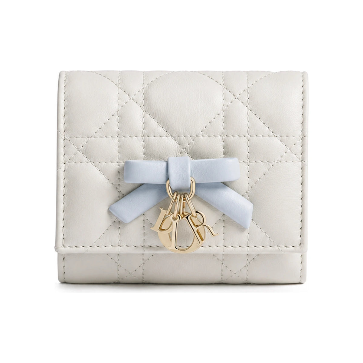 DIOR Two-Tone Latte Ice Blue Lady Dior Hibiscus Card Holder Lambs S2624OUQC M13E
