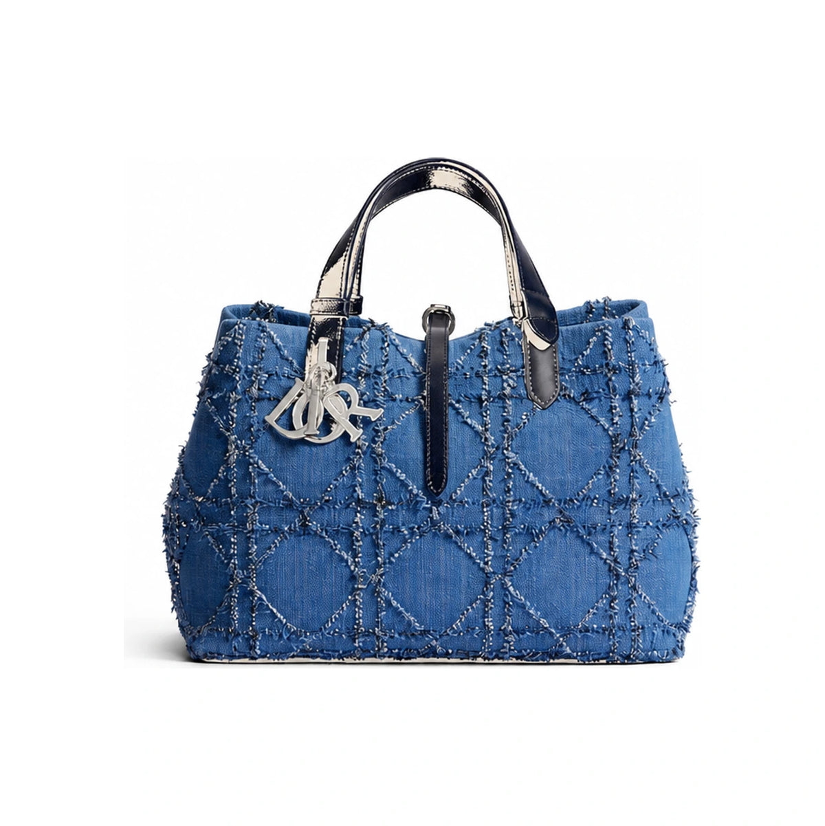 DIOR Medium Toujours Bag Blue White Macro Cannage Cotton Bouclé Tote