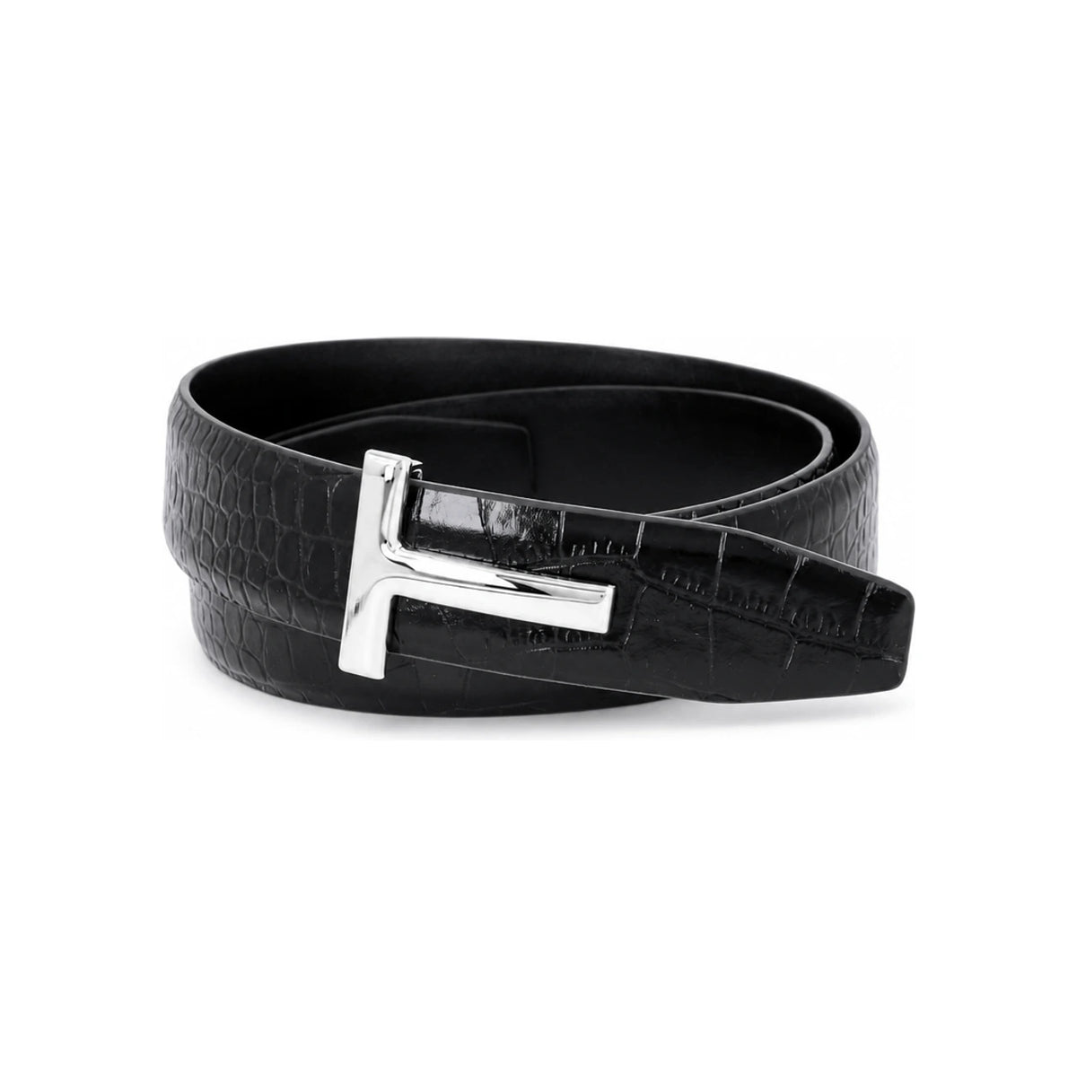 TOM FORD Crocodile Leather Belt Silver T Logo Buckle Men’s