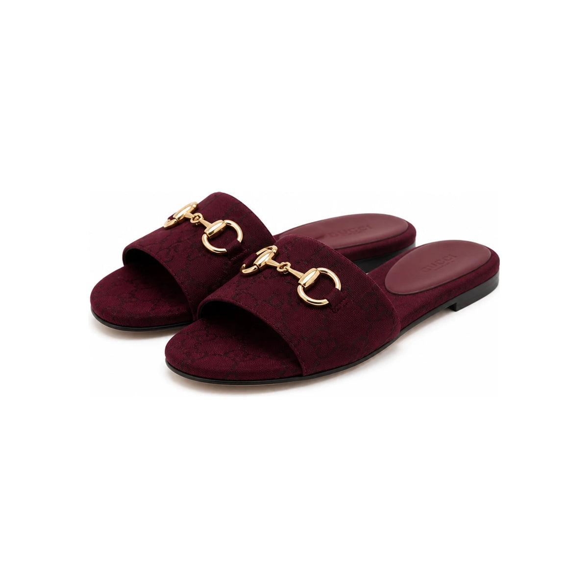GUCCI Horsebit Slide Sandals Rosso Ancora GG Canvas Slippers