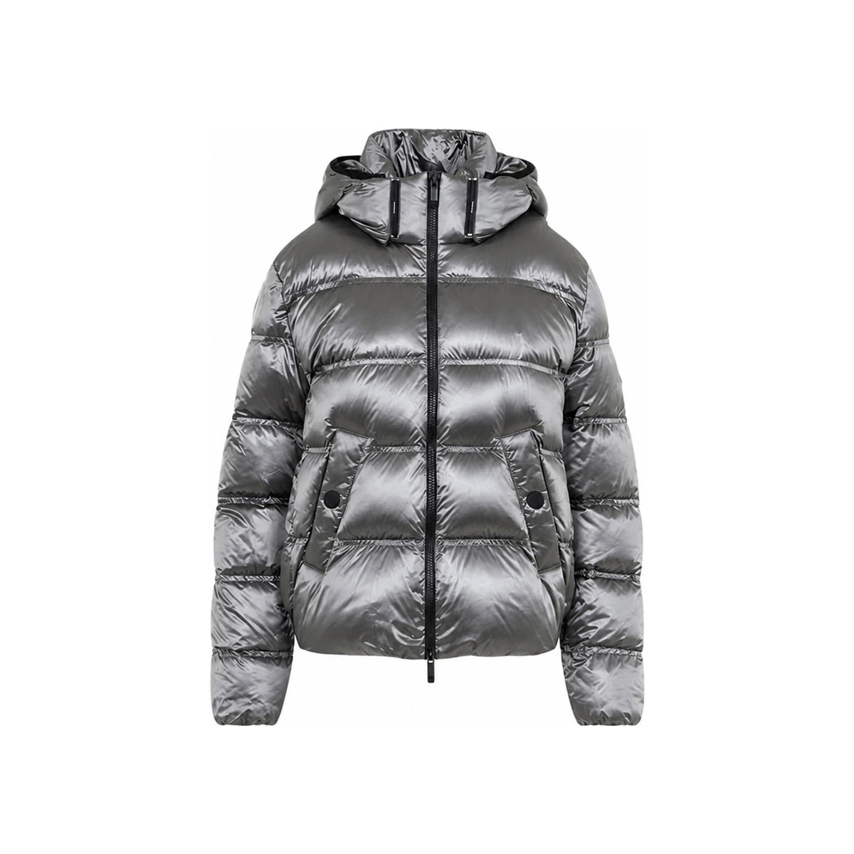 Moncler Black Hooded Down Jacket with Logo Patch Silver Accent 1A00043 5993C 919