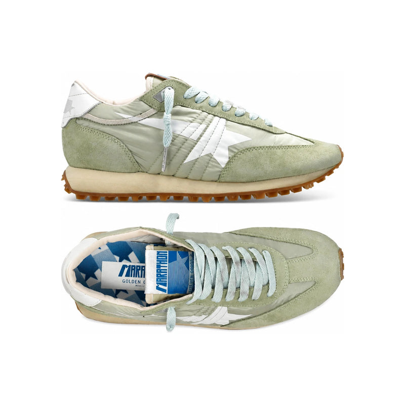 GOLDEN GOOSE Sage Green/White Suede Running Marathon Low-Top Sneakers