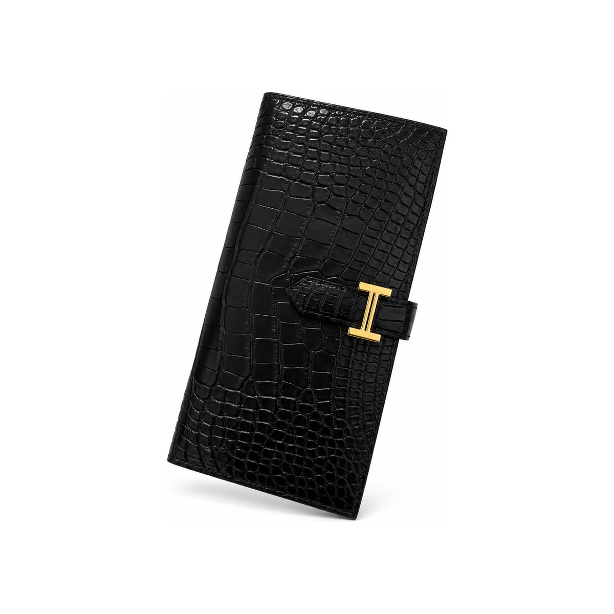 HERMES Black Shiny Alligator Long Wallet Gold Hardware Unisex