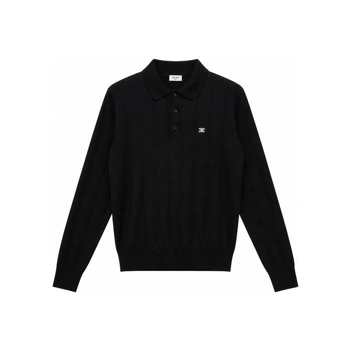 CELINE Triomphe Embroidered Ribbed Long Sleeve Polo Shirt Black