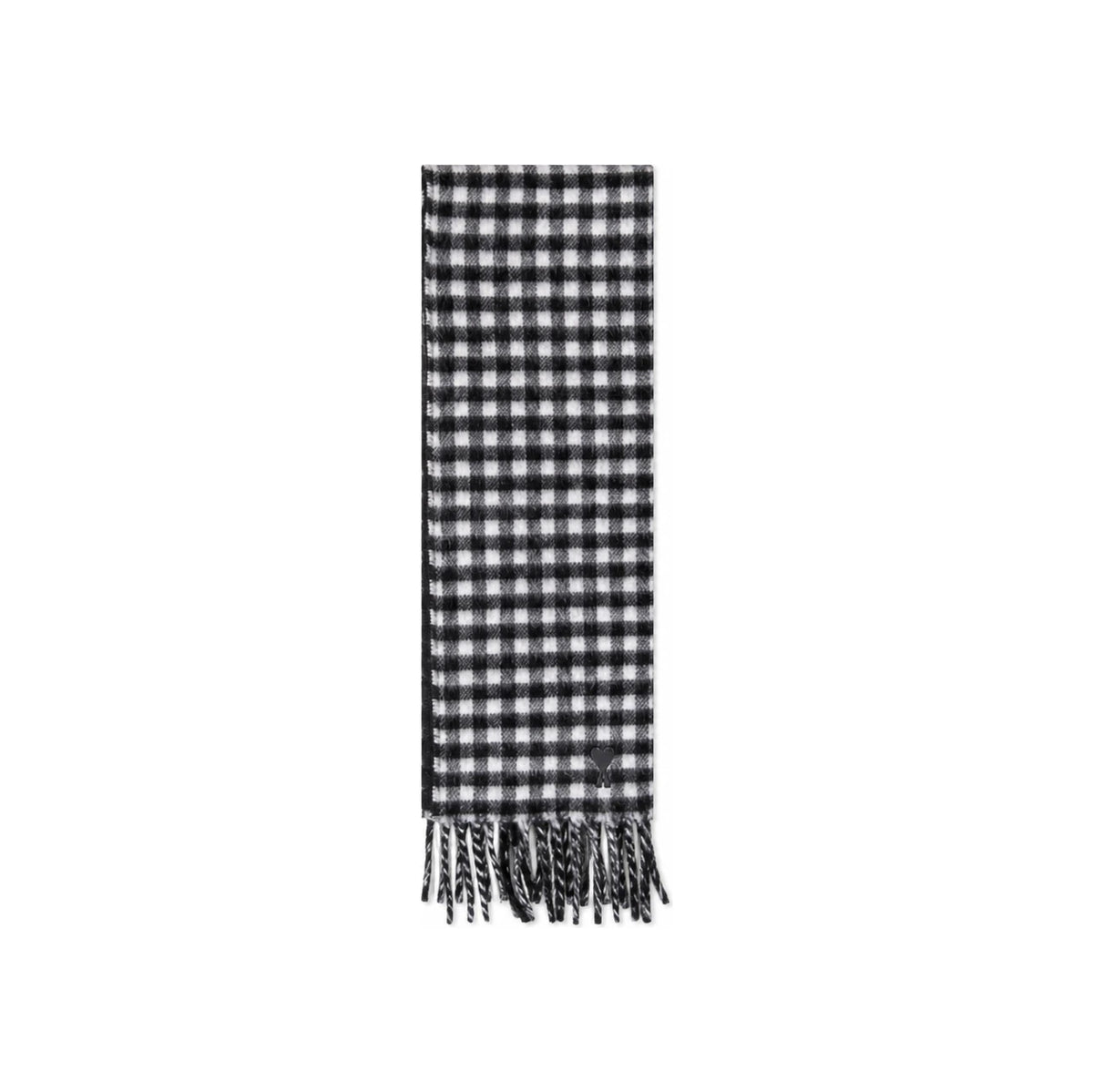 AMI Check Scarf with Leather Heart Logo Patch and Fringe