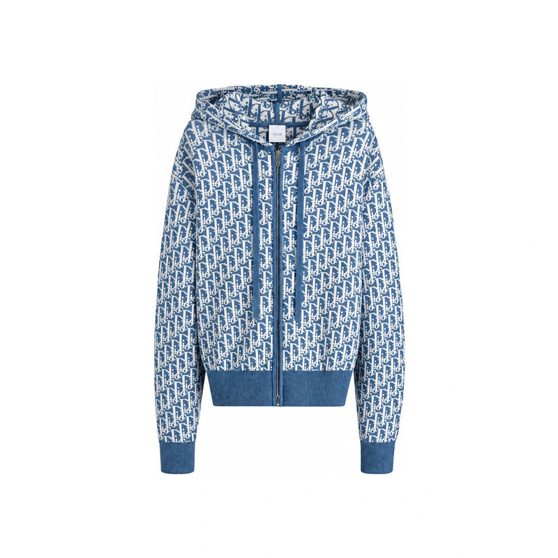 DIOR Blue Hooded Zip Cardigan Dior Oblique Cotton Blend Jacqua 644G28A7901 X5810