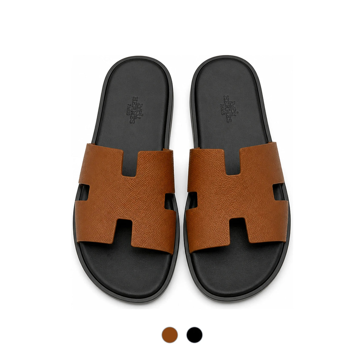 HERMES Men’s Izmir Brown Black Leather Slide Sandals