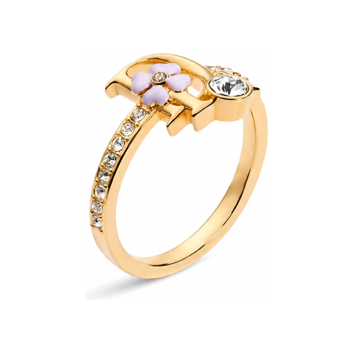 DIOR Precious Clover Ring Gold-Tone Metal Crystal Pink Lacquer R3480WOMLQD216