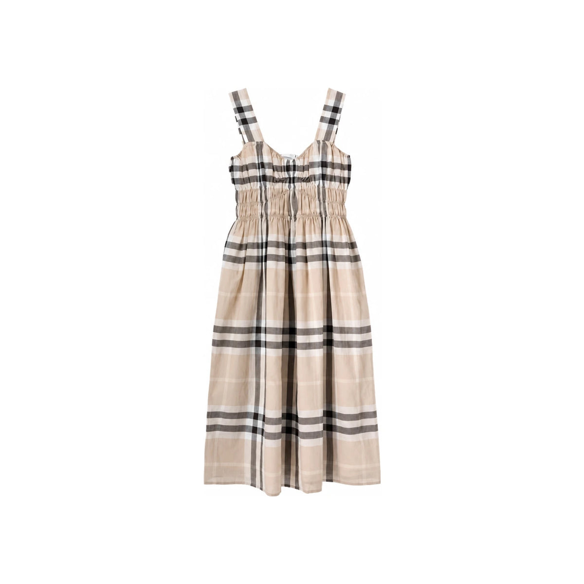 BURBERRY Delilah Check Ruched Sleeveless Long Dress Stone
