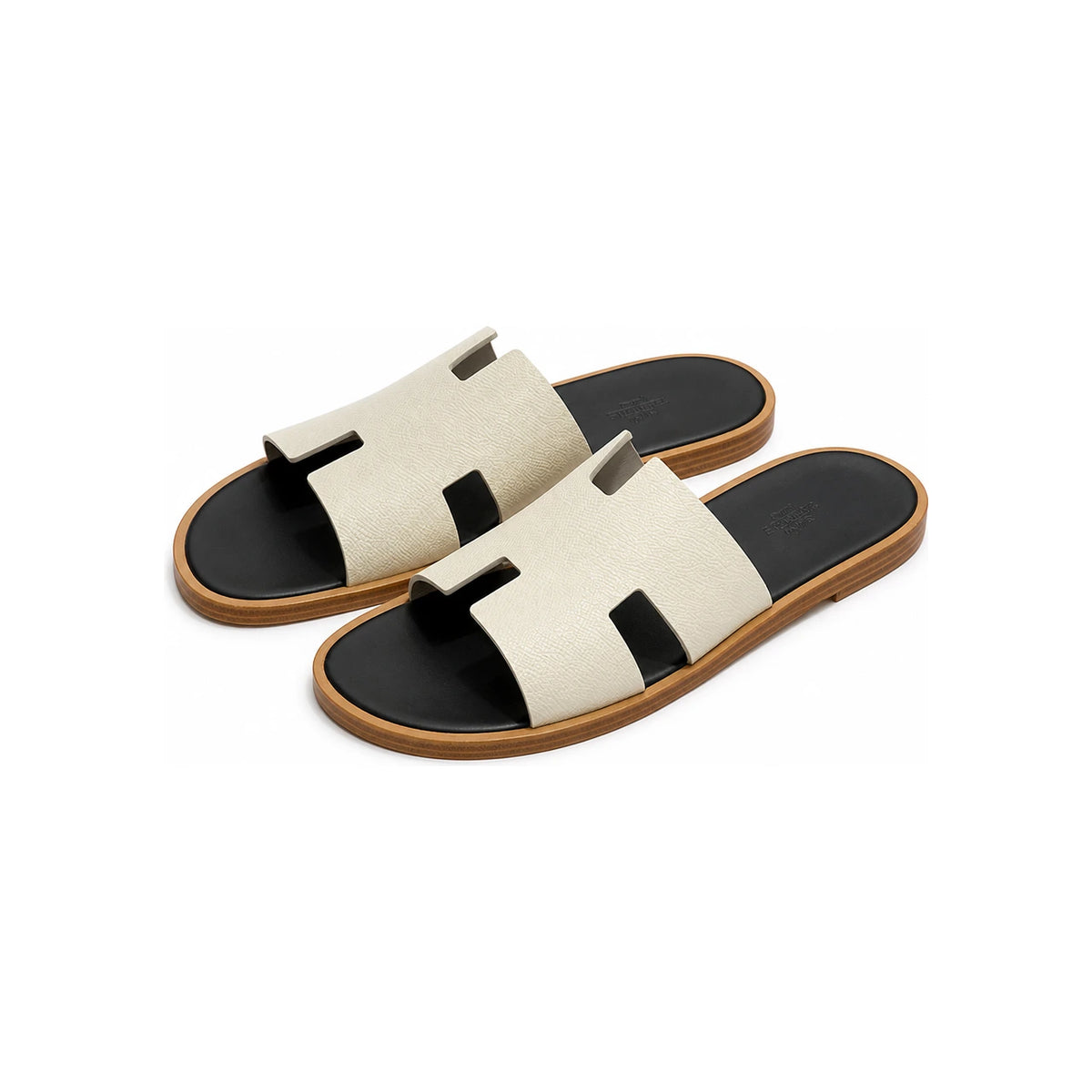 HERMES Izmir Two-Tone Ivory Deep Brown Calfskin Epsom Leather Slippers
