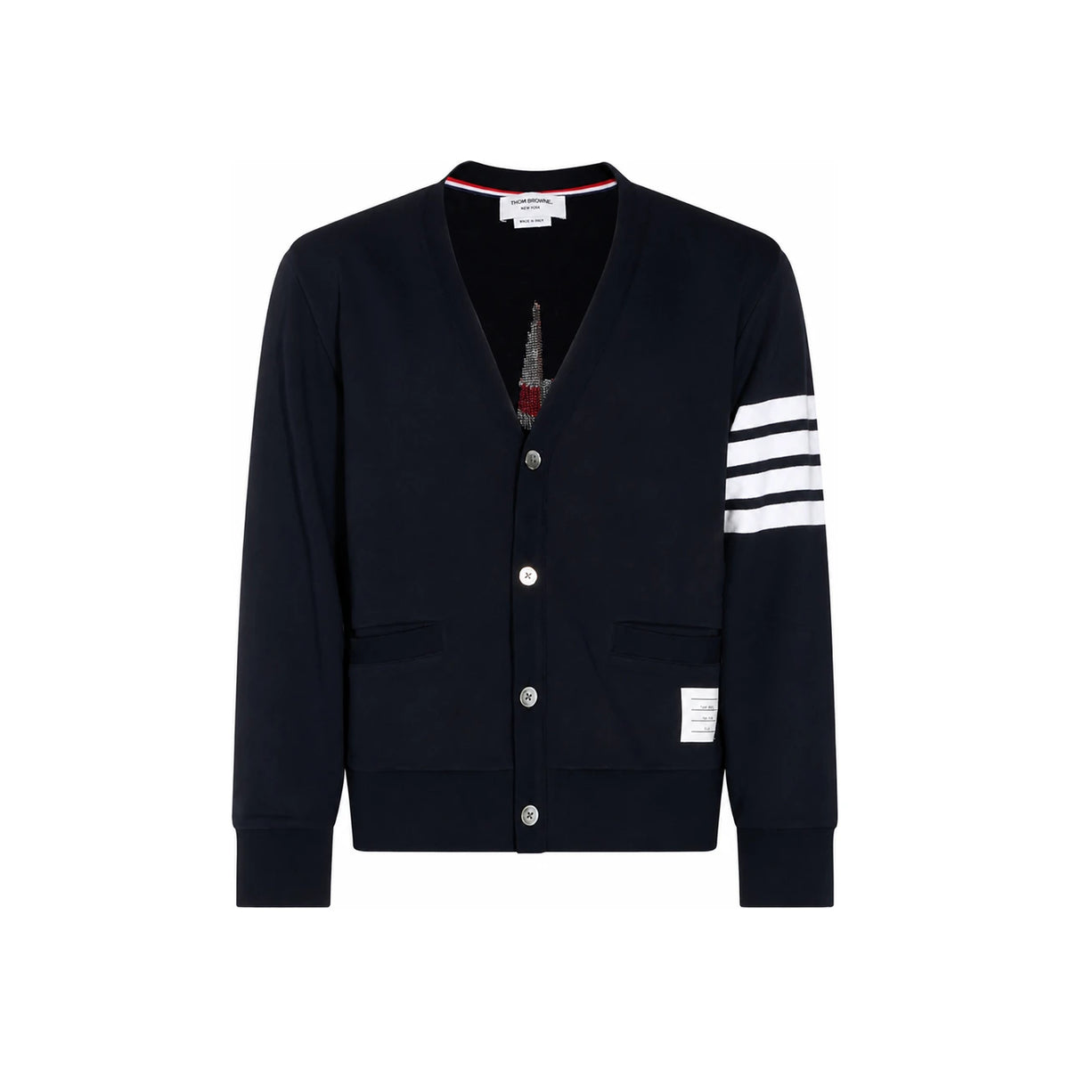 THOM BROWNE Navy Diagonal Stripe Boat Embroidered Cardigan Unisex