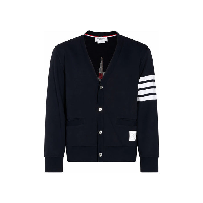 THOM BROWNE Navy Diagonal Stripe Boat Embroidered Cardigan Unisex