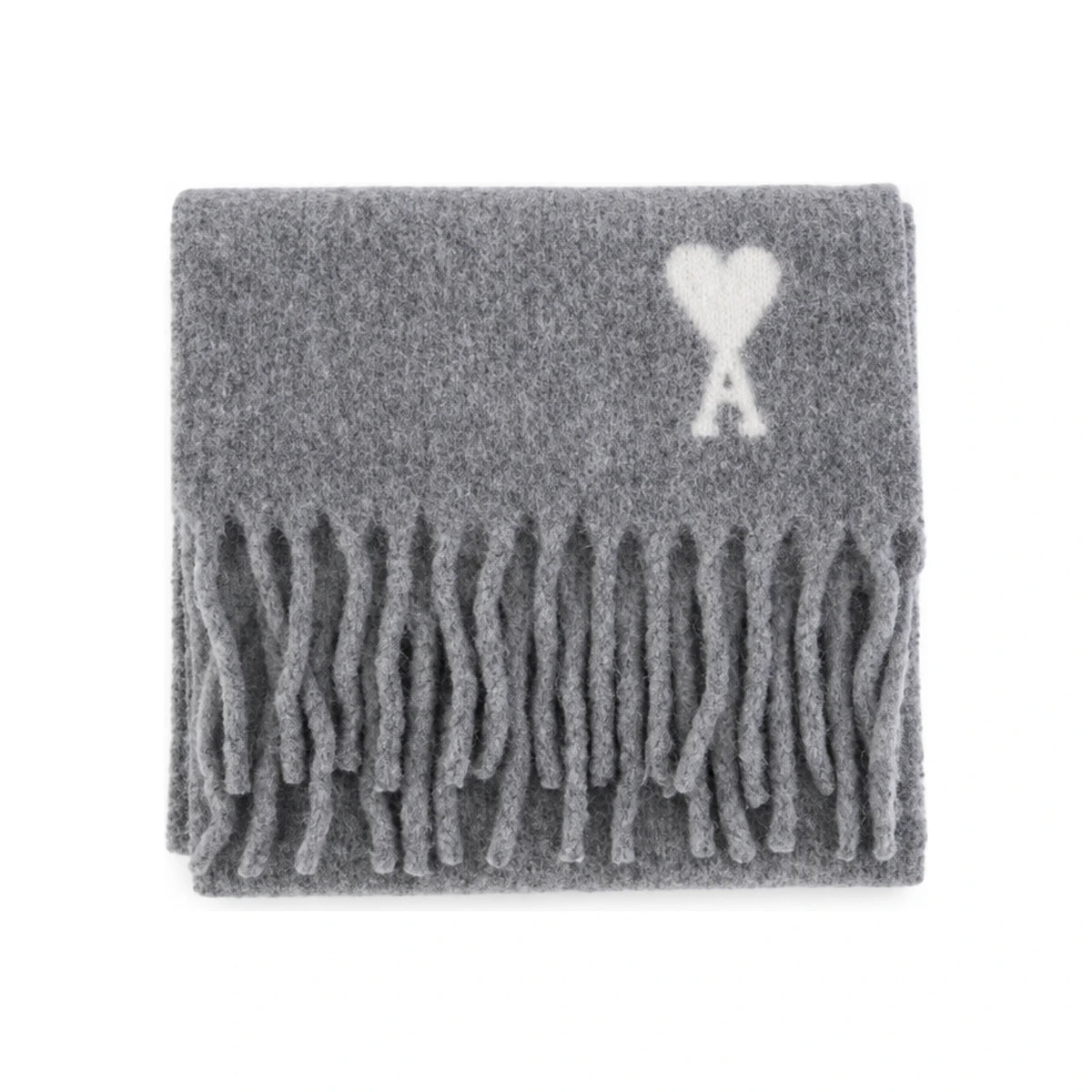 AMI Heart Logo Fringe Scarf Gray Wool Men’s