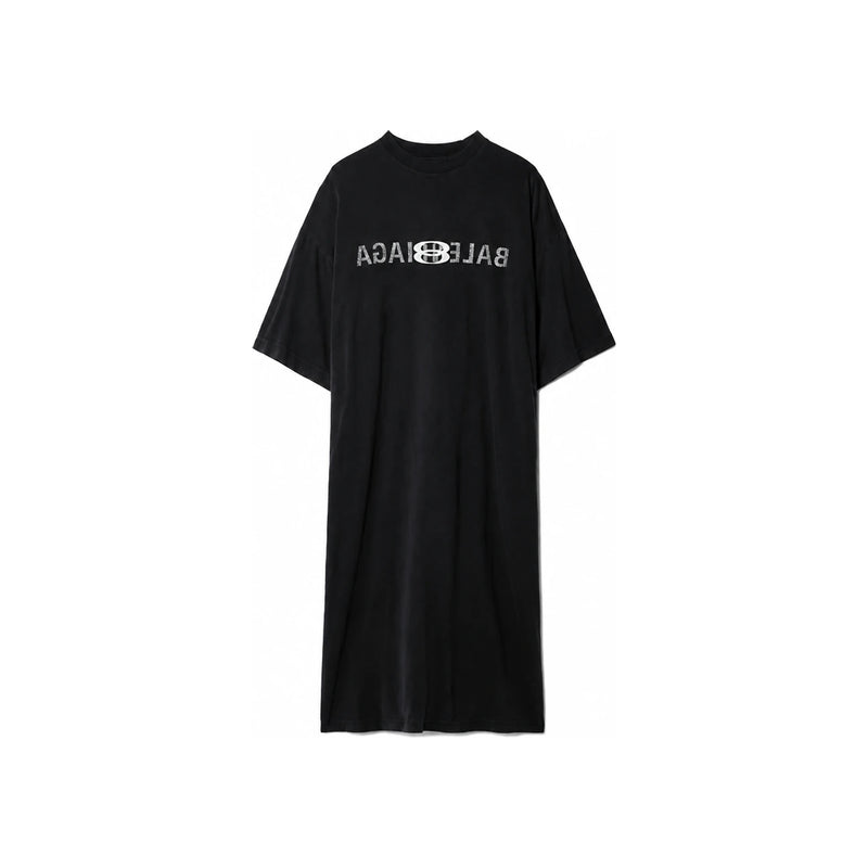 BALENCIAGA Logo Medium Fit Short Sleeve Long Dress Black Cotton