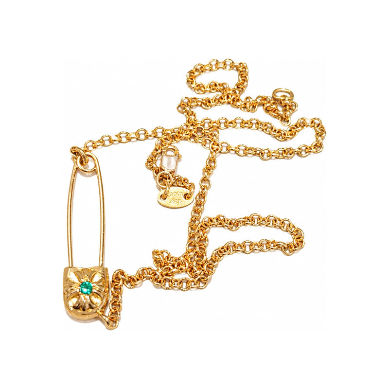 Chrome Hearts 22K Gold Emerald Safety Pin Pendant Necklace