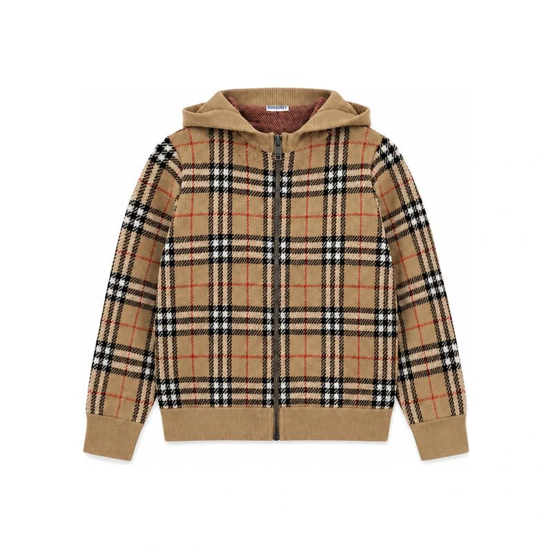 BURBERRY Kids Women Check Hooded Knit Zip Jacket Sand Beige 8131977