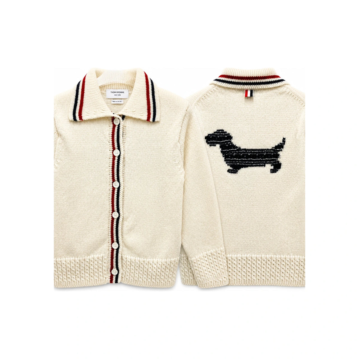 THOM BROWNE Donegal RWB Stripe Hector Pointelle Cardigan White