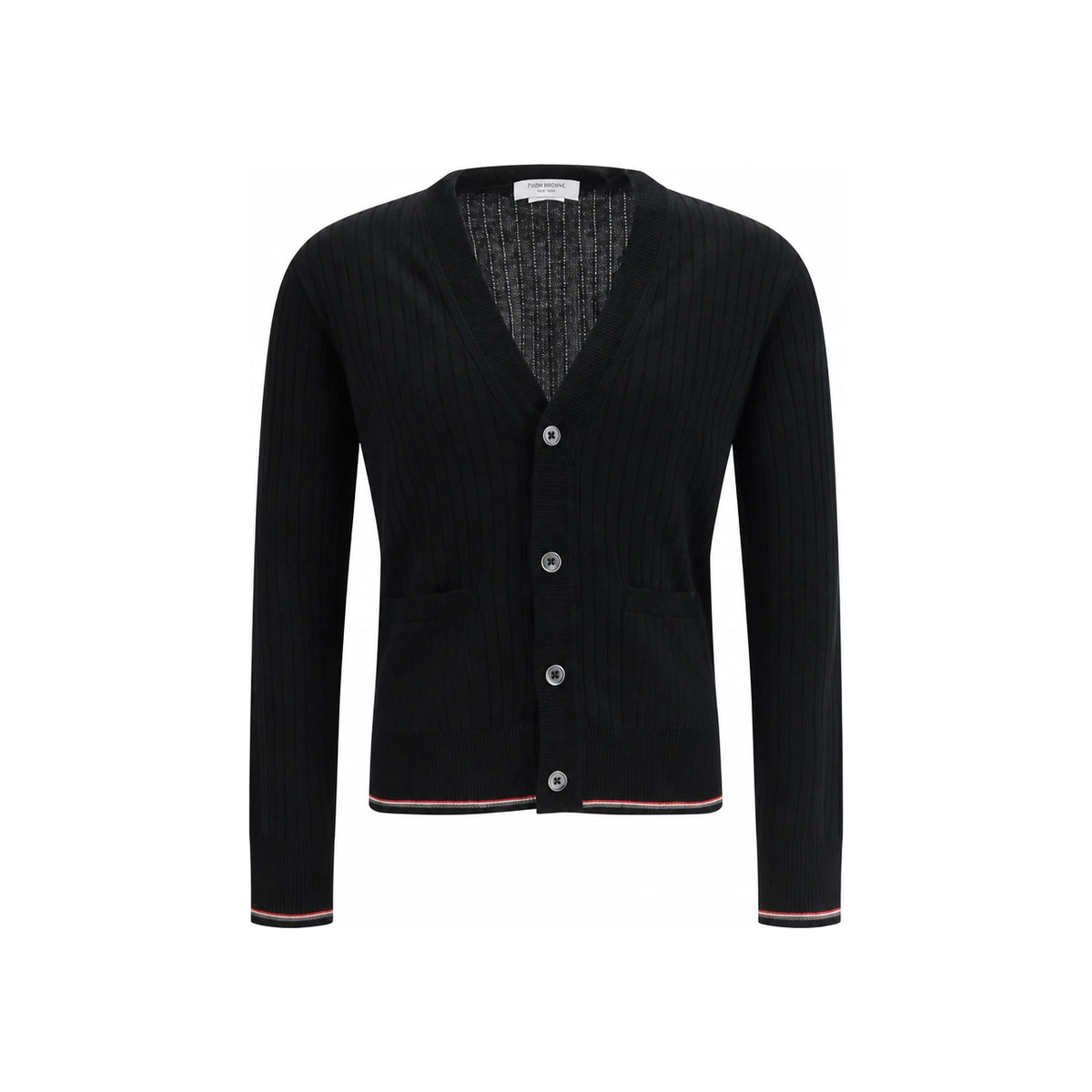 THOM BROWNE Grey Wool V-Neck Cardigan