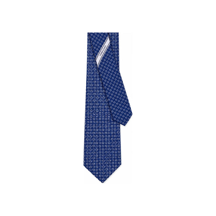 Ferragamo Gancini Print Silk Tie Marine Blue