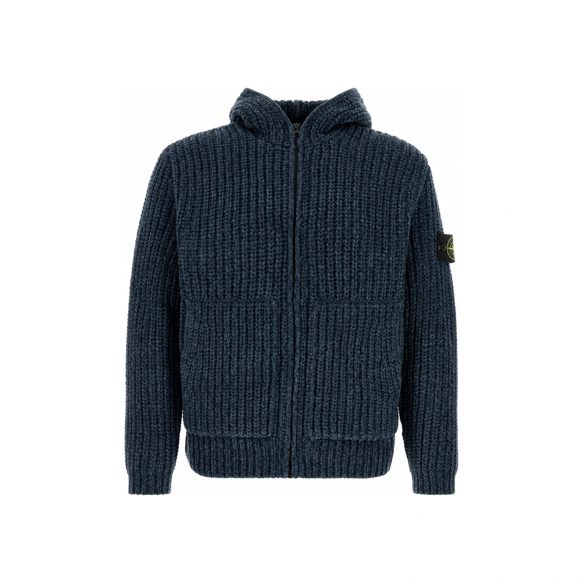 STONE ISLAND Black Wool Zip-Up Knit Sweater