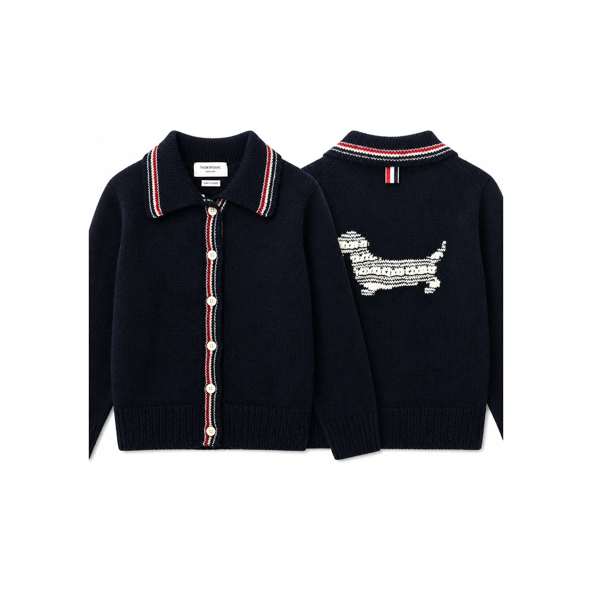 THOM BROWNE Donegal RWB Hector Pointelle Cardigan Navy Wool Women’s
