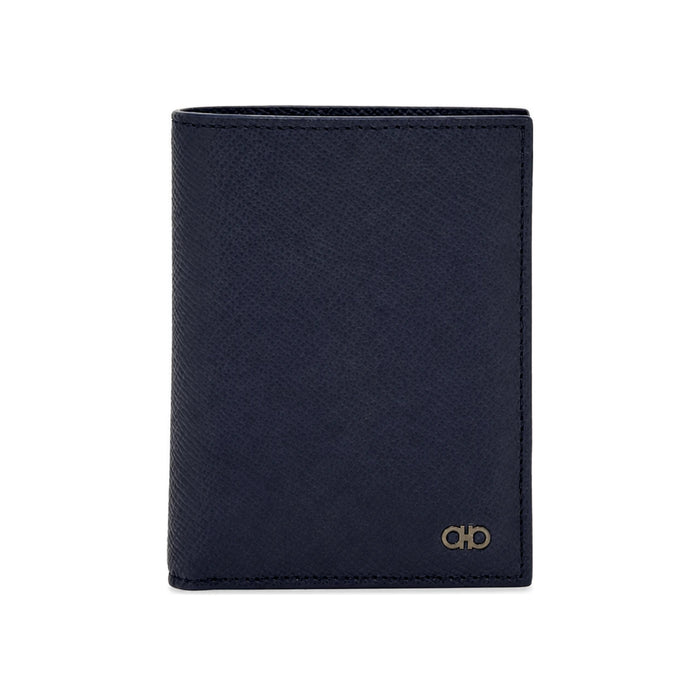 Ferragamo Gancini Compact Bifold Wallet Navy Blue Leather Men’s