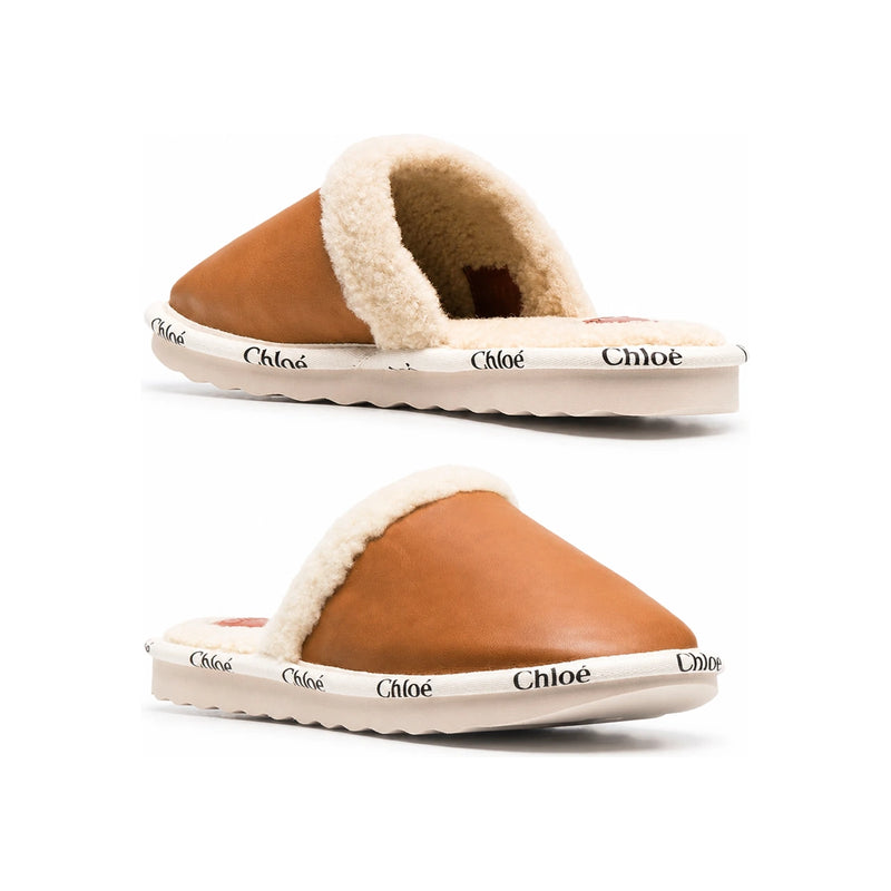 Chloe Woody Logo Trim Faux Fur Backless Loafers Camel Brown