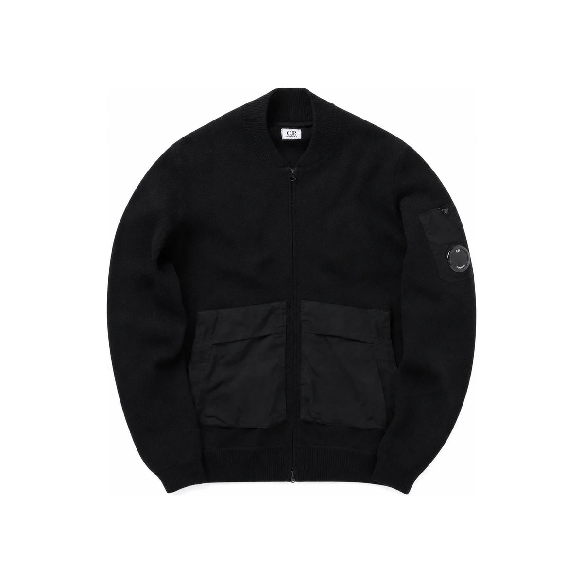 CP Company Lens Patch Bomber Knit Jacket Black 16CMKN046A 005367M 999