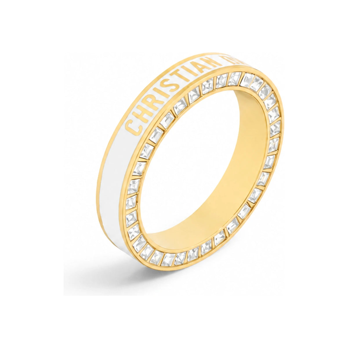 DIOR Gold-Finish Metal Ring with Crystals and White Lacquer