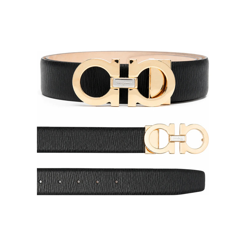 Ferragamo Gold Double Gancini Black Leather Belt 67 9493 0754204