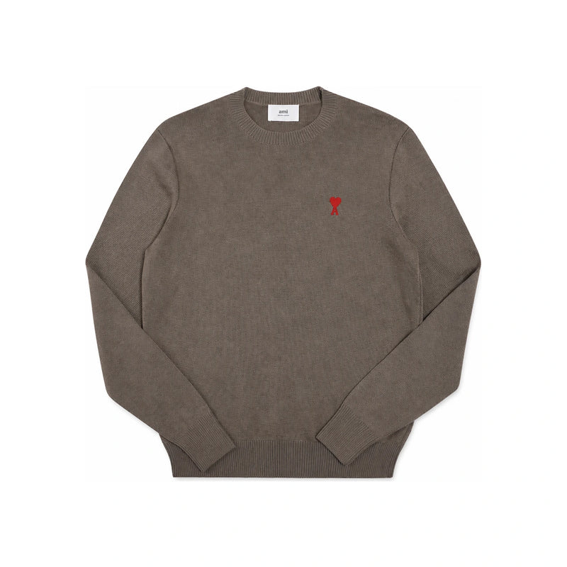 AMI Classic Embroidered Logo Wool Crewneck Sweater Brown