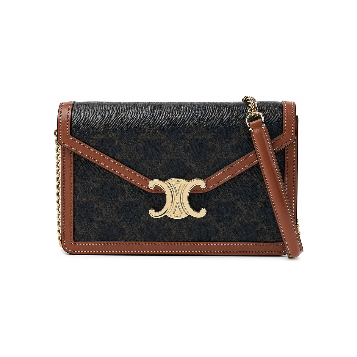 CELINE Shiny Calfskin Wallet on Chain Shoulder Bag Tan