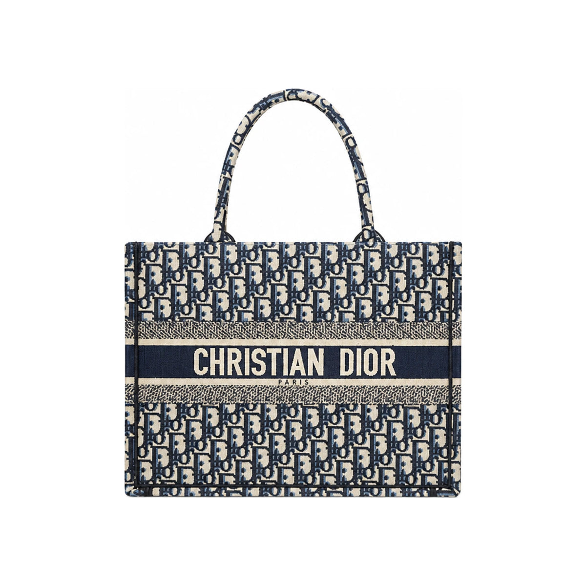 DIOR Book Tote Medium Ecru and Blue Embroidered Tote Bag