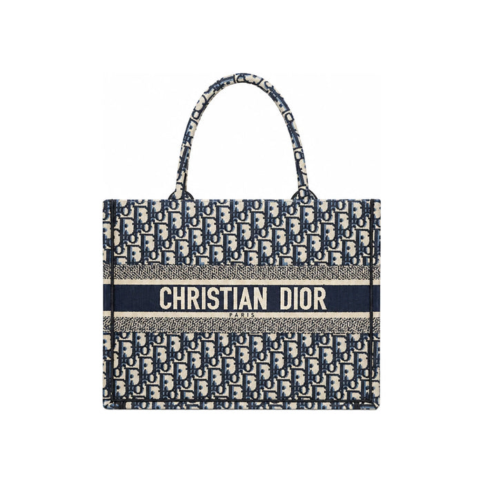 DIOR Book Tote Medium Ecru and Blue Embroidered Tote Bag