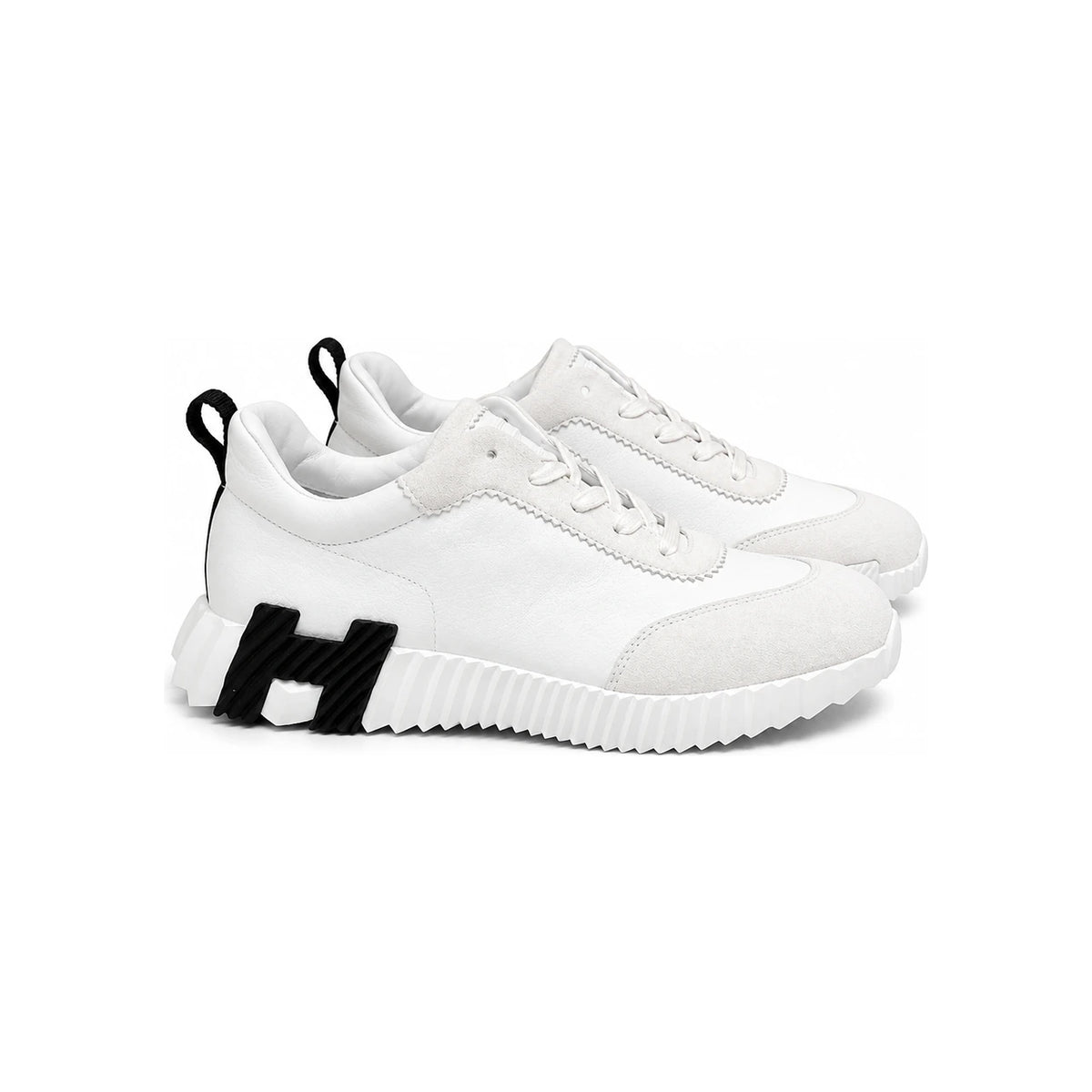 HERMES White Leather Bouncing Low-Top Sneakers with Black H Logo